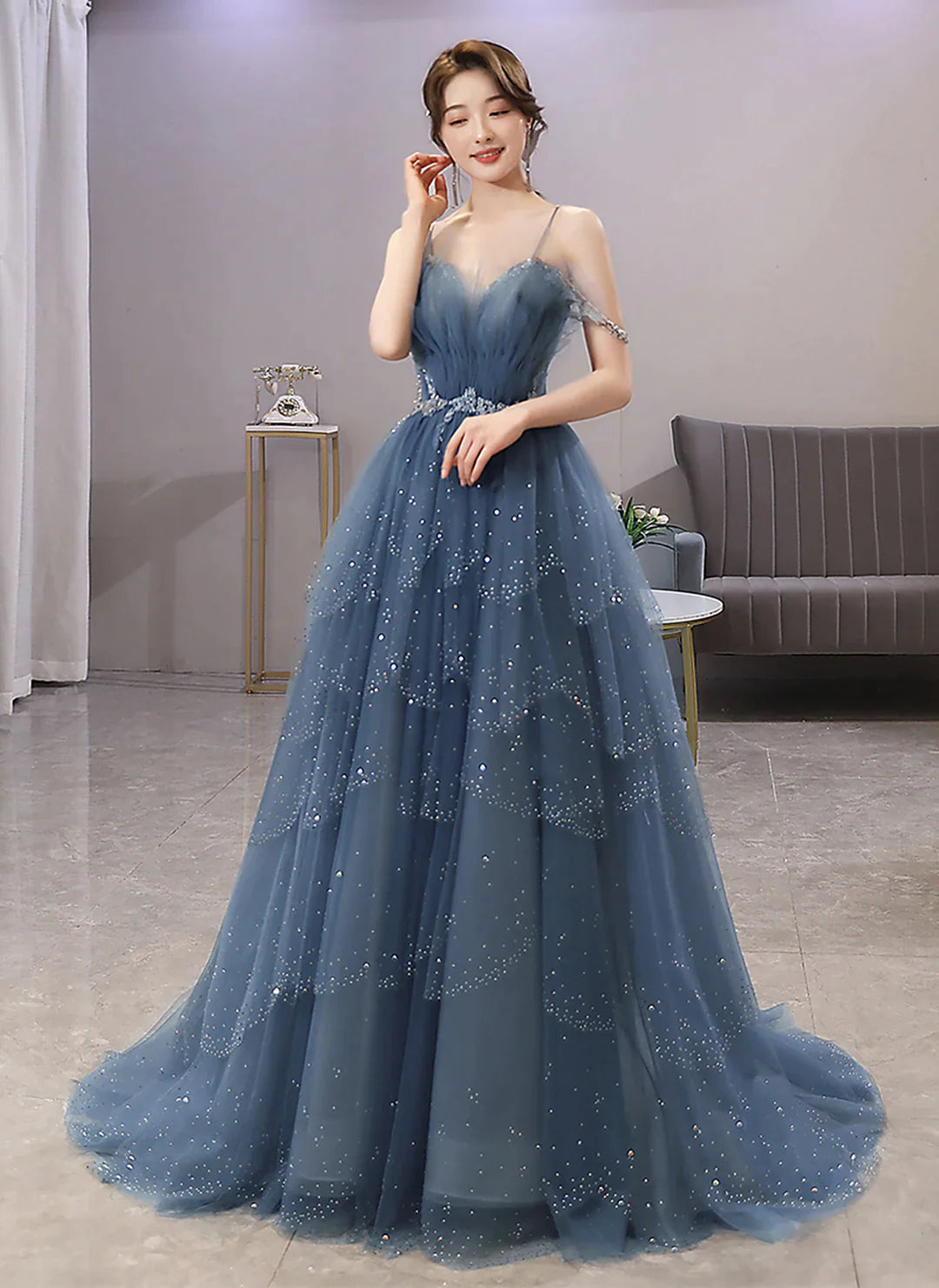 Blue Tulle Sweetheart Beaded Straps A-line Junior Prom Dress, Blue Long Evening Dress Tulle Party Dress