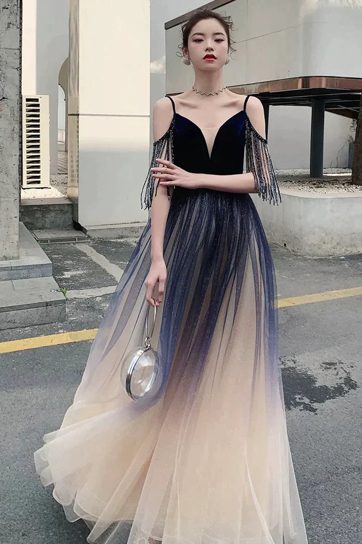 Beautiful Tulle Blue Gradient V-neckline Straps Prom Dress, A-line Tulle Formal Dress Tulle Dress Trendy