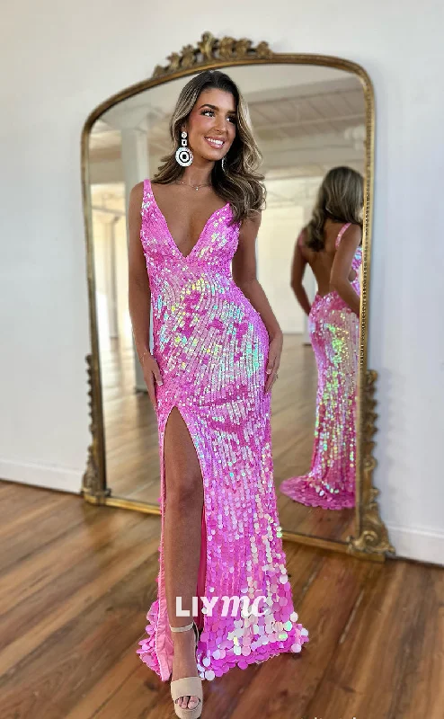 LP957 - Sexy V neck Fully Sequins pInk Mermaid Long Formal Prom Dress with Slit Sequin Dress Vibe