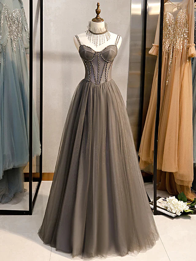 A-Line Prom Dresses Sexy Dress Formal Floor Length Sleeveless Strap Tulle with Pleats Crystals Short Tulle Dress