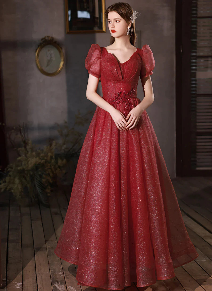 Wine Red Tulle Shiny Tulle V-neckline Lace-up Prom Dress, Wine Red Formal Dress Tulle Dress Design