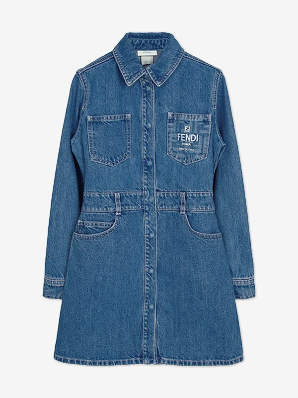 Fendi Girls Denim FF Logo Shirt Dress in Blue Shirt Dress Wrap