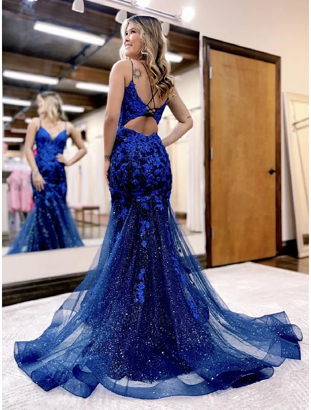 Mermaid / Trumpet Prom Dresses Sparkle & Shine Dress Formal Court Train Sleeveless V Neck Tulle Backless with Glitter Beading Appliques Sexy Tulle Dress