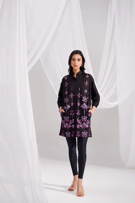 Black Cotton Embroidered Ornamental Shirt Dress Silk Shirt Dress