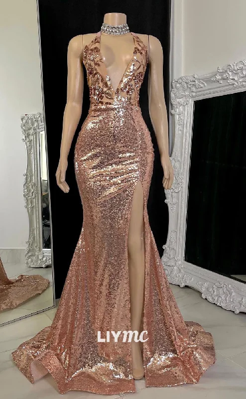 LP1406 - Low V-Neck Sleeveless Aqqliques Sequins Lace-Up Mermaid Prom Dress for Black Girls Sleeveless Sequin Dress