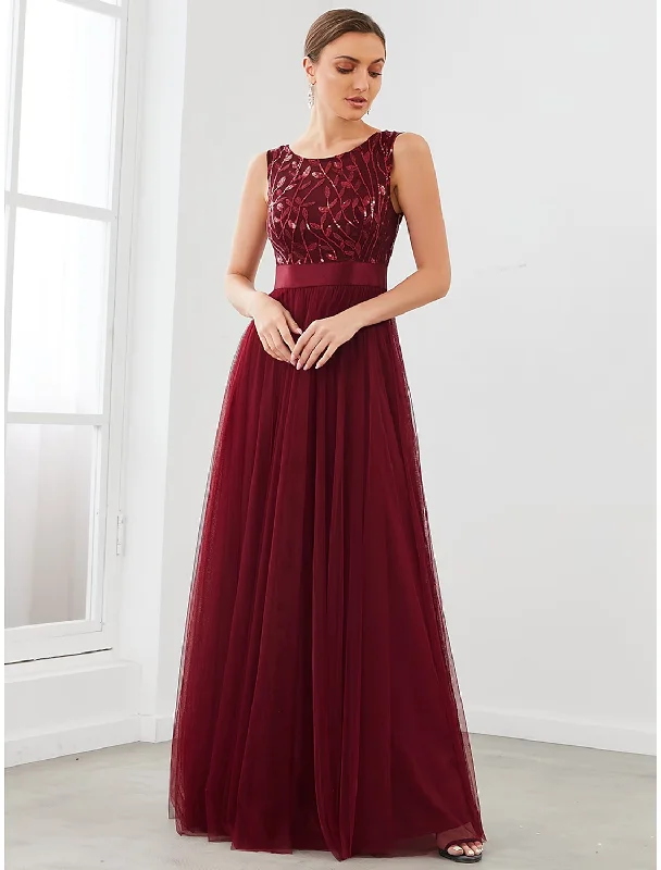 A-Line Bridesmaid Dress Jewel Neck Sleeveless Sparkle & Shine Floor Length Tulle with Tier Tulle Dress Silhouette