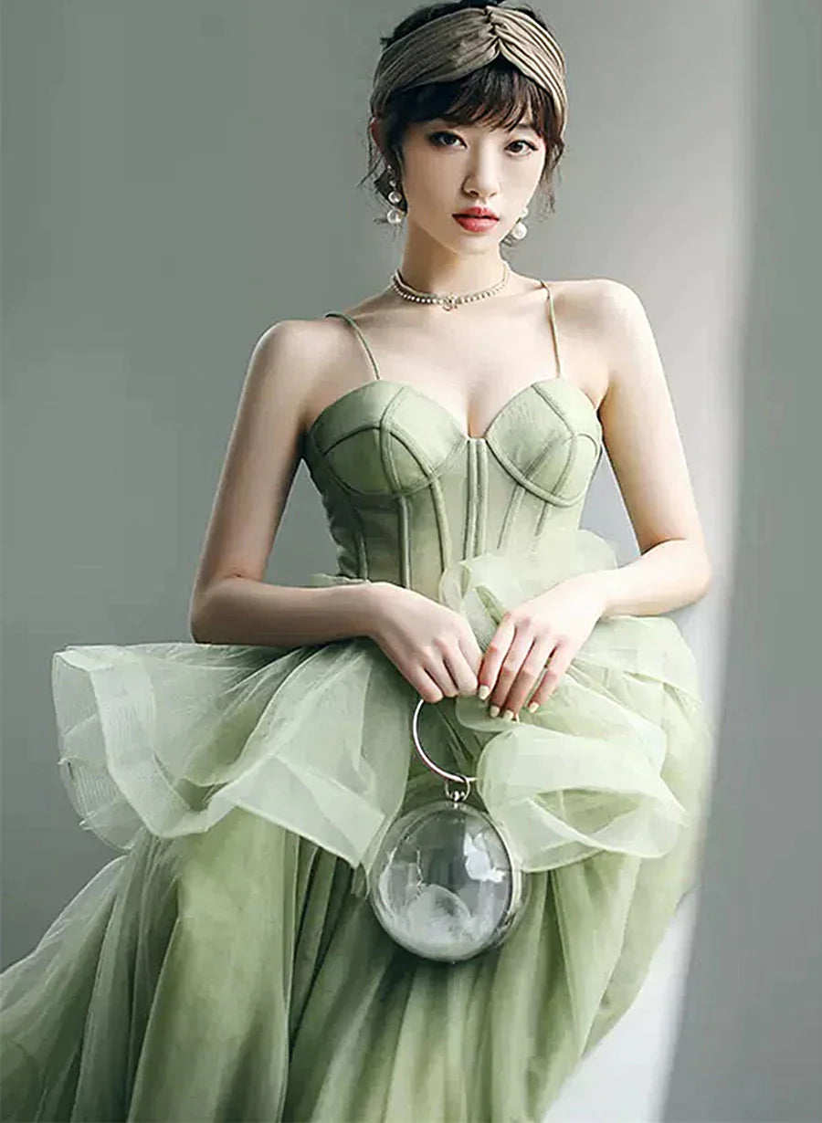 Green Tulle Sweetheart Long Formal Dress, Green Low Back Prom Dress Tulle Dress Fashion