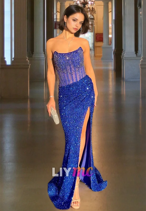 LP2063 - Scoop Strapless Appliques Sequins High Slit Sparkly Prom Dress Sexy Sequin Gown