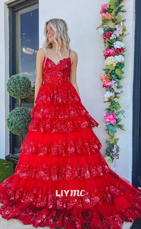 LP768 - Spaghetti Straps Sequins Appliques Red Long Formal Prom Dress Sequin Shift Gown