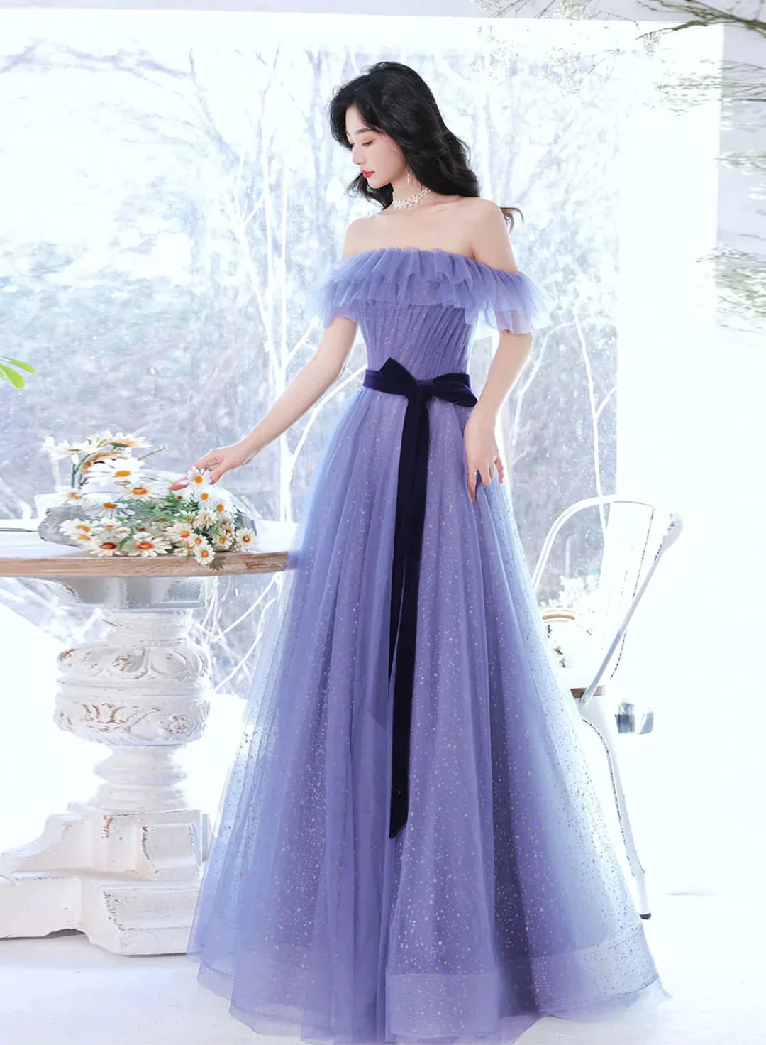 Off Shoulder Sweetheart Tulle Light Purple Formal Dress, A-line Tulle Junior Prom Dresses Tulle Dress Twirl