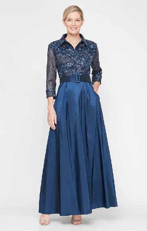 Long A-Line Stretch Tulle Dress with Embroidered Bodice, Illusion Sleeves and Structured Belt Vintage Tulle Dress