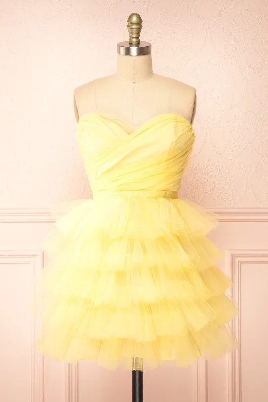 Myrah Yellow | Strapless Tiered Tulle Short Dress Tulle Dress Flare