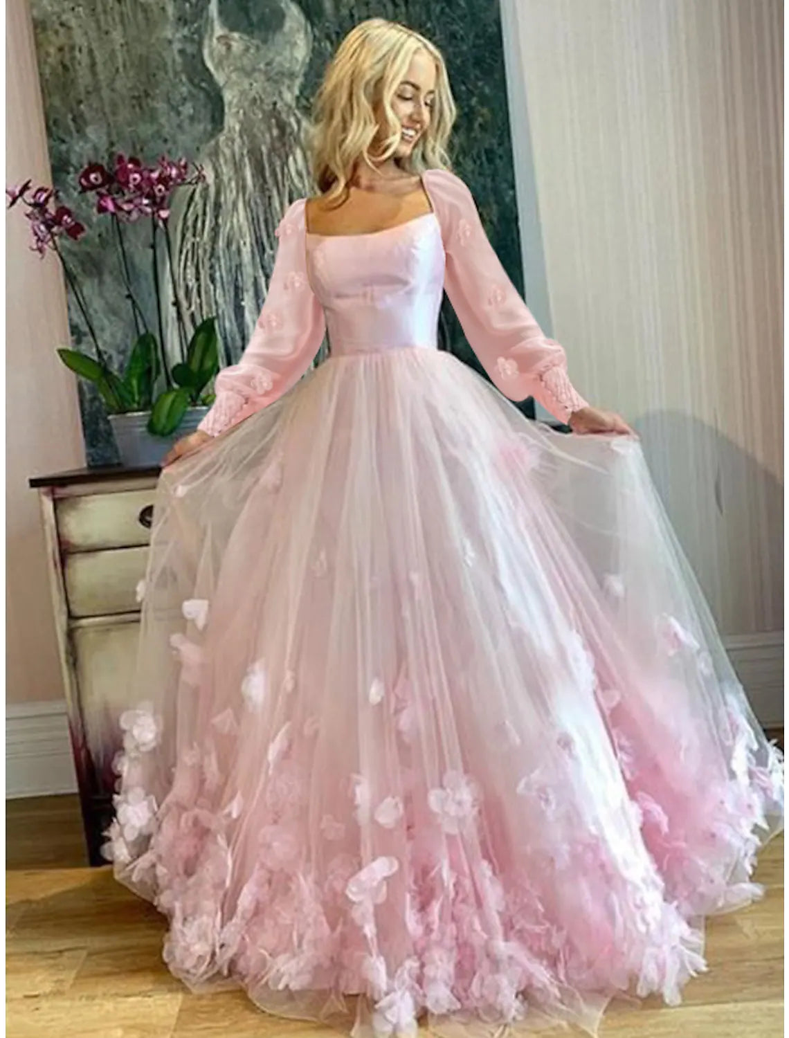 A-Line Prom Dresses Dress Sweet Long Sleeve Scoop Neck Tulle with Appliques Butterfly Tulle Dress Party