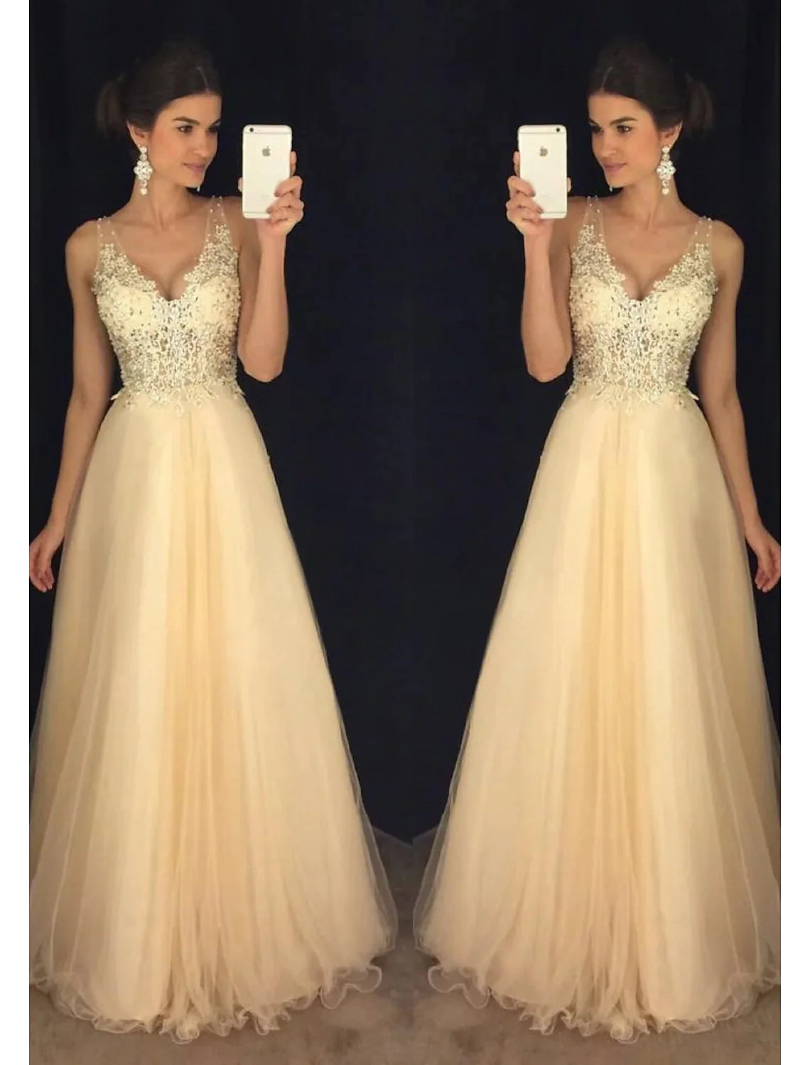 A-Line Prom Dresses Dress Formal Floor Length Sleeveless V Neck Tulle V Back Beading Appliques Tulle Bridesmaid Dress