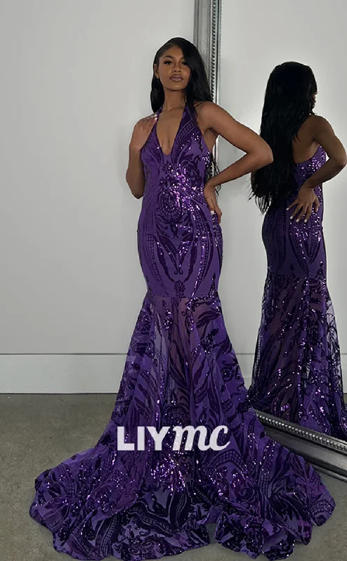 LP1273 - Halter V-Neck Sparkly Sequins Mermaid Sexy Prom Dresses for Black Girls Classy Classy Sequin Dress