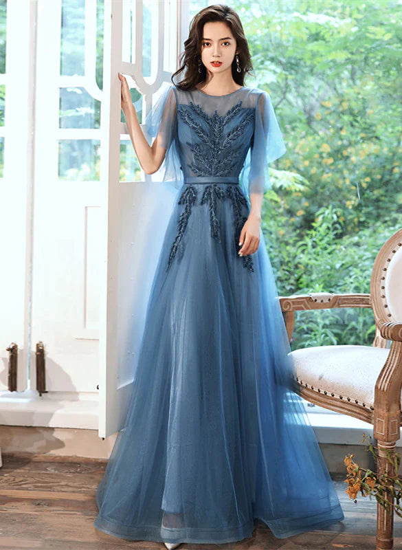 Teal Blue Tulle A-line Long Prom Dress with Lace, Long Formal Dress Tulle Dress Classic