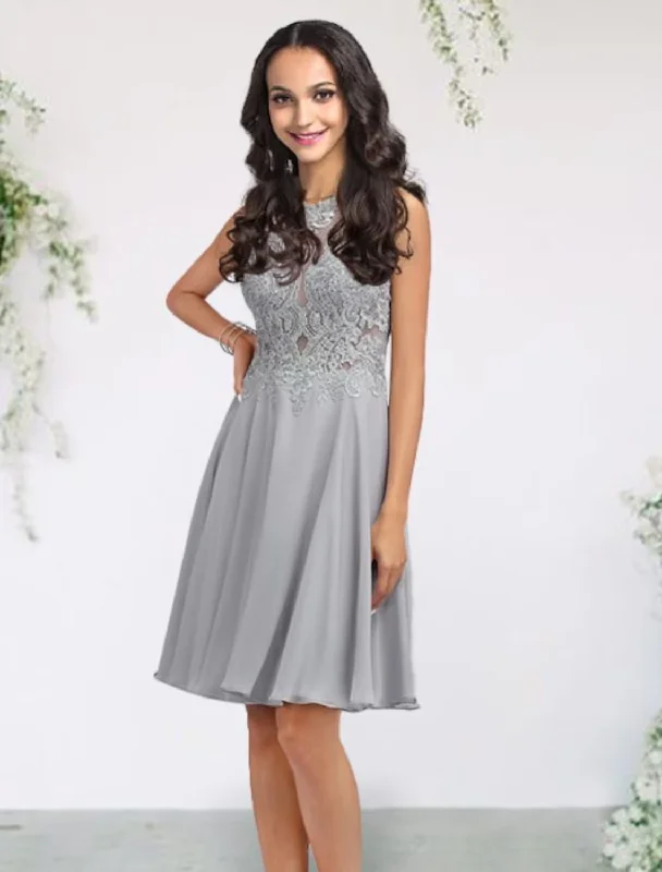 A-Line Bridesmaid Dress Jewel Neck Sleeveless Elegant Short / Mini Chiffon / Lace / Tulle with Pleats / Appliques Tulle Dress Blush