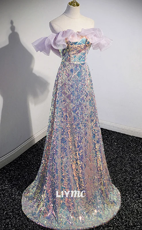 LP1886 - Unique Off Shoulder Sequin Long Prom Dress, Sequin Evening Dress Sequin Dress Outfit