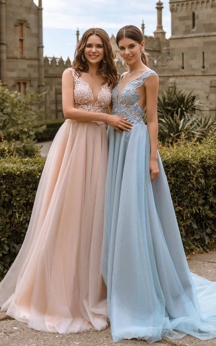 Lace V Neck Bridesmaid Dresses Sexy Illusion Back Tulle Dresses Tulle Dress Dazzle