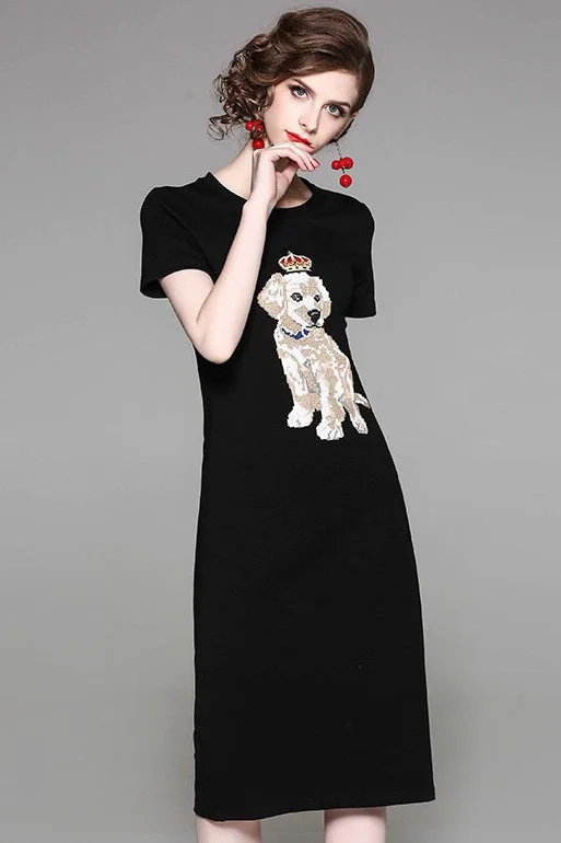 Dog Embroidered T-Shirt Dress Button-down Shirt Dress