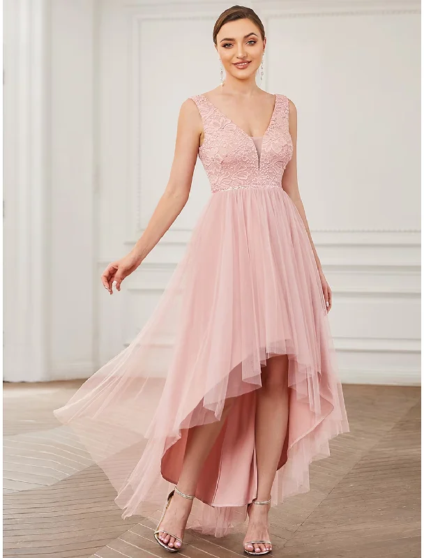 A-Line Bridesmaid Dress V Neck Sleeveless Elegant Short / Mini Lace / Tulle with Draping Tulle Party Gown