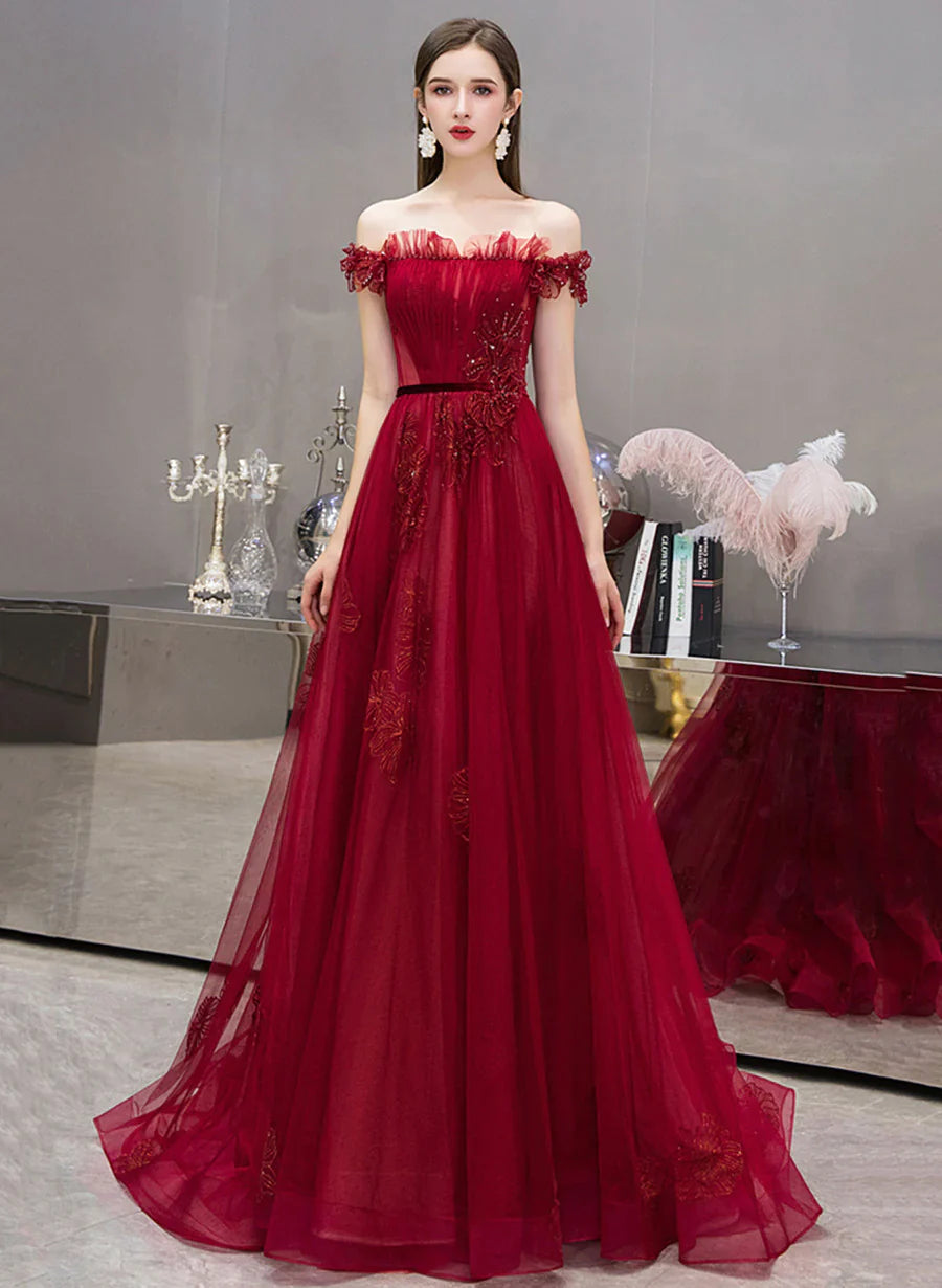 Wine Red Off Shoulder Tulle with Lace Long Formal Dress, Wine Red Prom Dress Sequin Tulle Dress