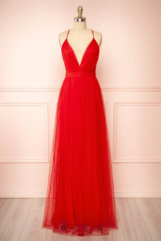 Ilaria Red | Tulle Gown w/ Plunging Neckline Tulle Ball Gown