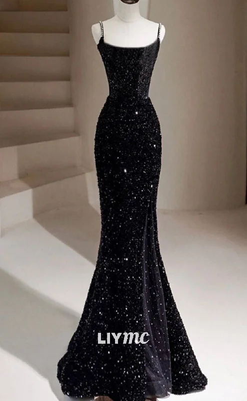 LP1876 - Black Mermaid Sequin Long Prom Dress Black Formal Dress Ruffled Sequin Dress