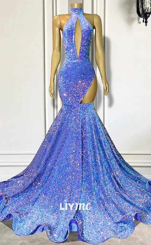 LP1434 - Halter Sleeveless Cut Outs Sequins Sparkly Mermaid Prom Dress for Black Girls Slay Sequin Dress Sparkle