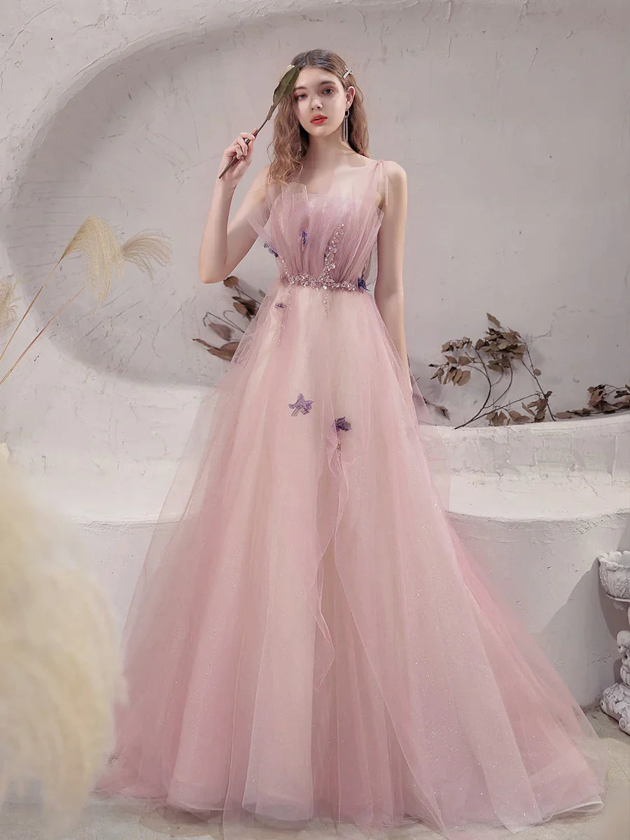 Pink Tulle with Beadings Spaghetti Strap Long Formal Dress, Pink Junior Prom Dress Tulle Wedding Gown