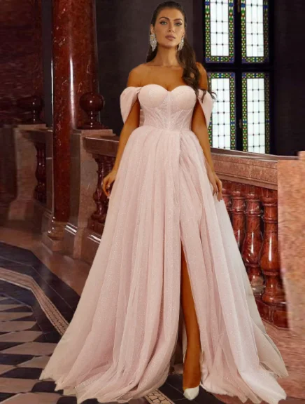 A-Line Prom Dresses Corsets Dress Prom  Short Sleeve Off Shoulder Tulle with Glitter Pleats Slit Soft Tulle Gown