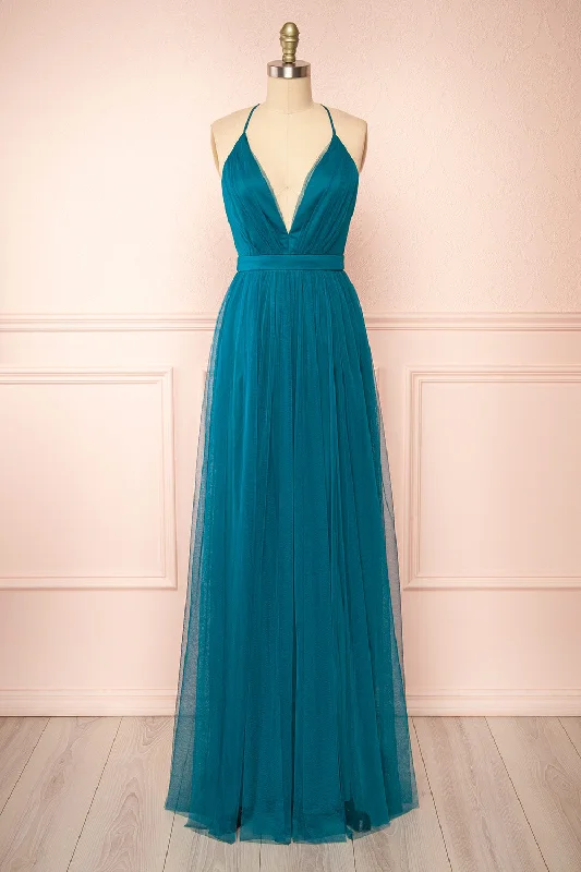 Ilaria Teal | Tulle Gown with Plunging Neckline Tulle Dress Outfit