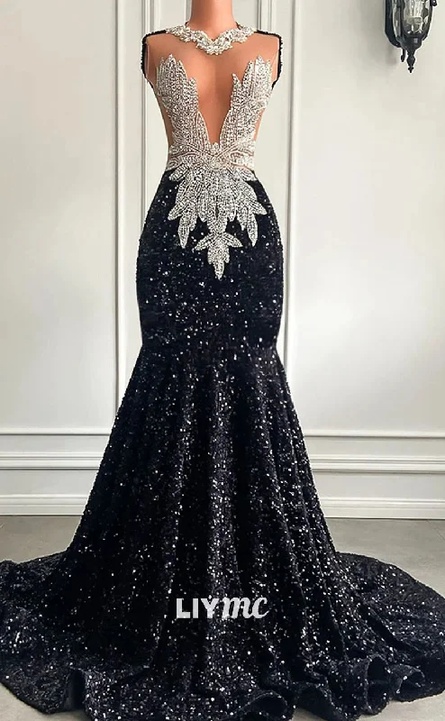 LP1432 - V-Neck Sleeveless Beaded Sequins Sexy Mermaid Prom Dress for Black Girls Slay Sparkly Mini Sequin