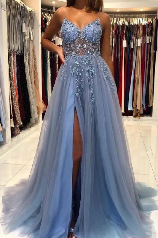 A Line V Neck Blue Tulle Long Prom Dresses Formal Dress With Beading Tulle Evening Dress