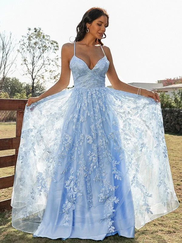 A Line Blue Tulle V Neck Backless Lace Appliques Prom Dresses Simple Evening Dresses Tulle Dress Set