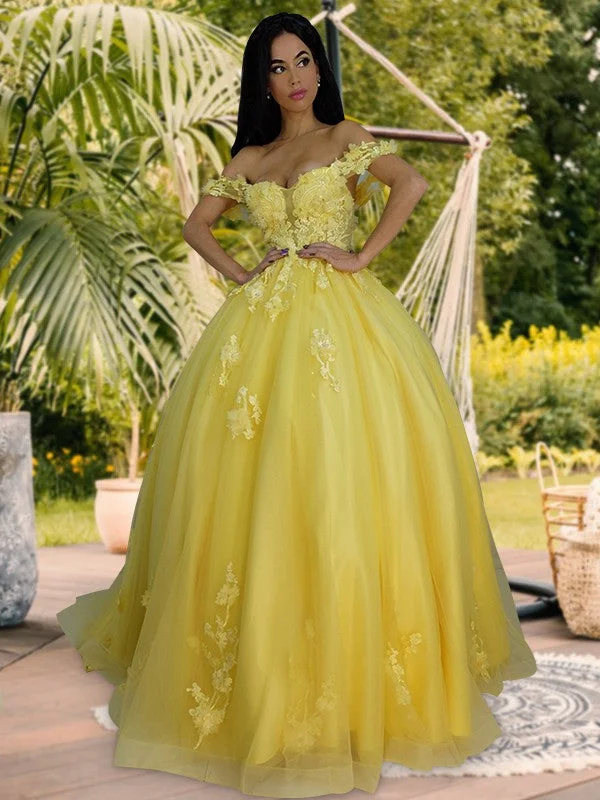 Ball Gown Tulle Applique Off-the-Shoulder Sleeveless Sweep/Brush Train Dresses Tulle Bodycon Dress