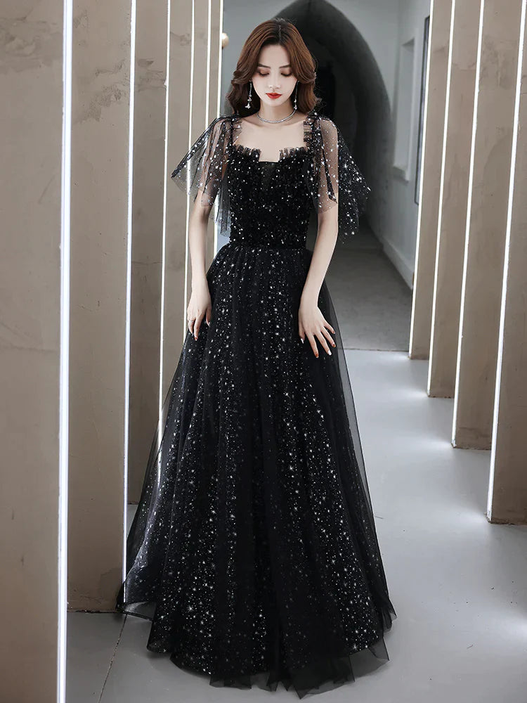 Black Off Shoulder Tulle Long Prom Dress, A-line Black Shiny Tulle Formal Dress Romantic Tulle Gown