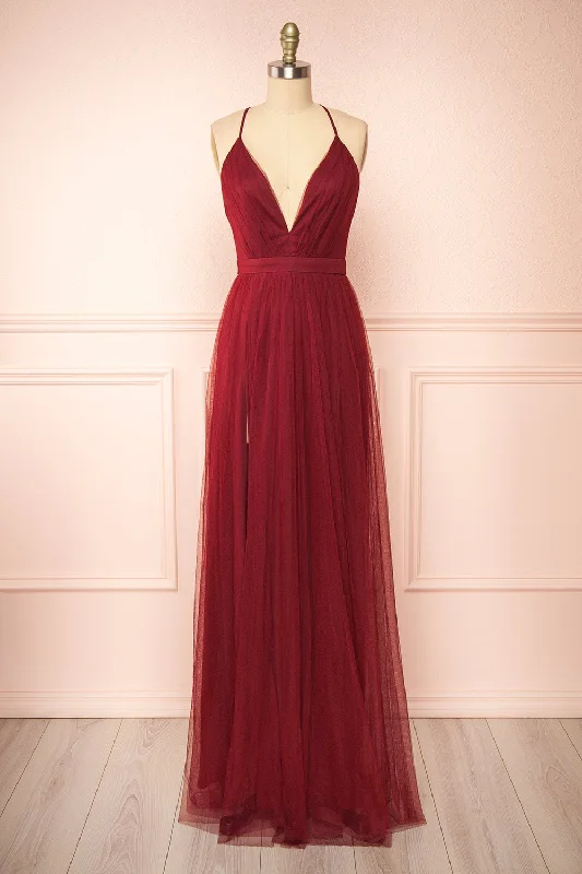 Ilaria Burgundy | Tulle Gown w/ Plunging Neckline A-line Tulle Gown