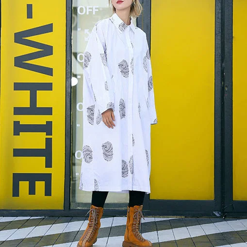 French white print Cotton clothes Women Fine Sewing pockets Midi shirt Dresses Elegant Shirt Dress