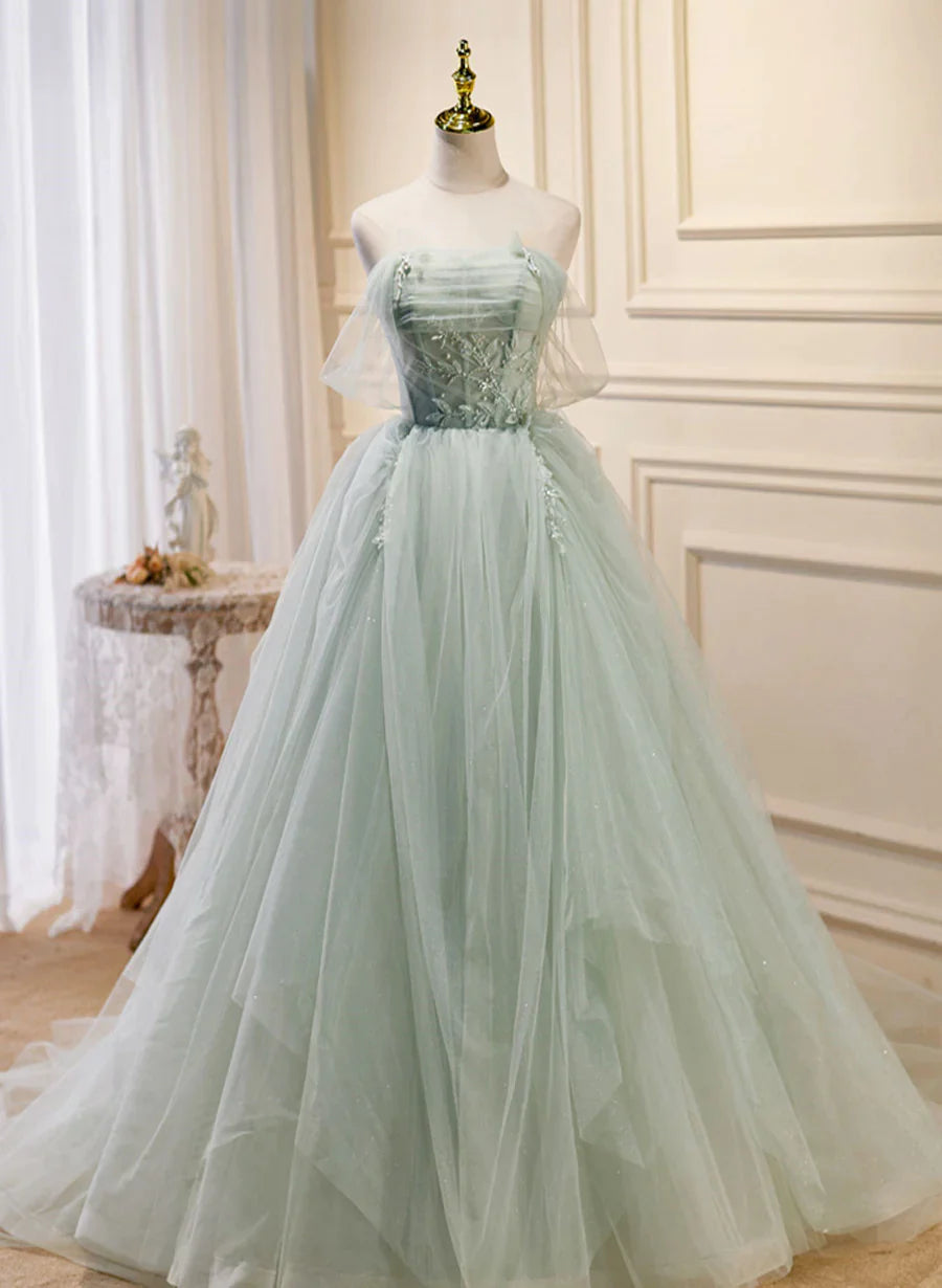 Zoom Light Green Tulle Beaded Sweetheart Long Prom Dress, A-line Green Formal Dress Tulle Dress Sparkling