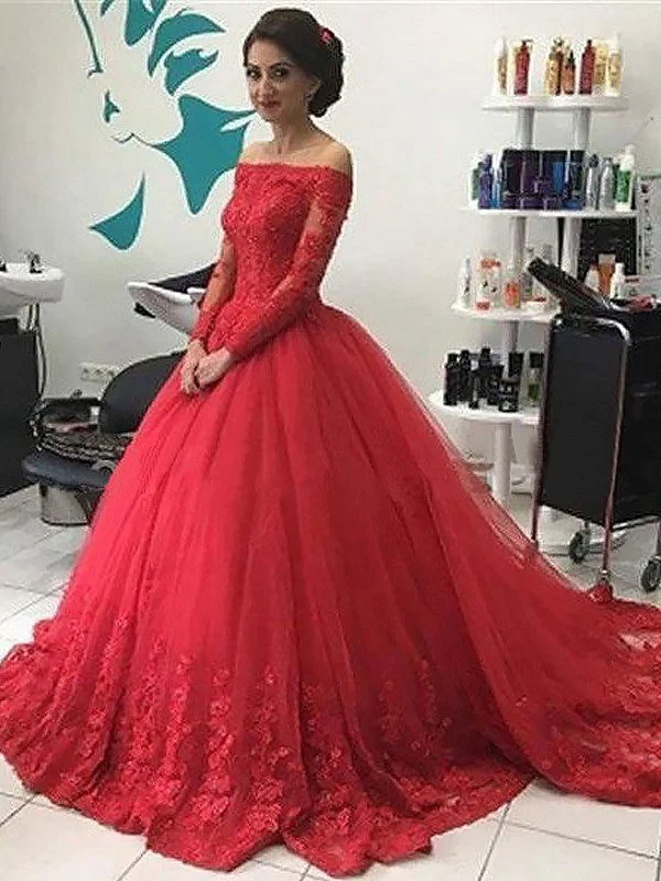 Ball Gown Off-the-Shoulder Long Sleeves Lace Tulle Court Train Dresses Tulle A-line Dress