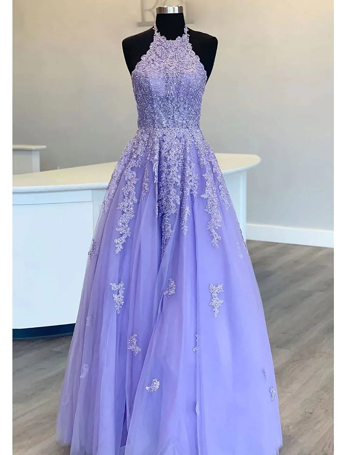 A-Line Prom Dresses Open Back Dress Formal Floor Length Sleeveless Tulle Backless with Pleats Beading Appliques Tulle Dress Sparkly