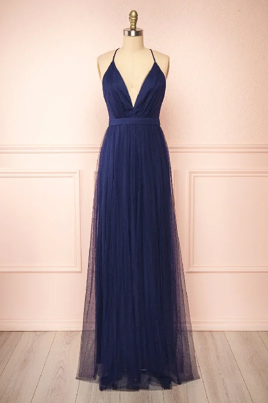 Ilaria Navy | Tulle Gown w/ Plunging Neckline Elegant Tulle Dress