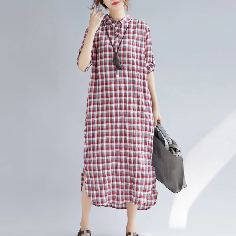 Elegant red Plaid cotton maxi shirt dress oversize Turn-down Collar gown 2018 long sleeve side open cotton shirt dresses Casual Button Shirt