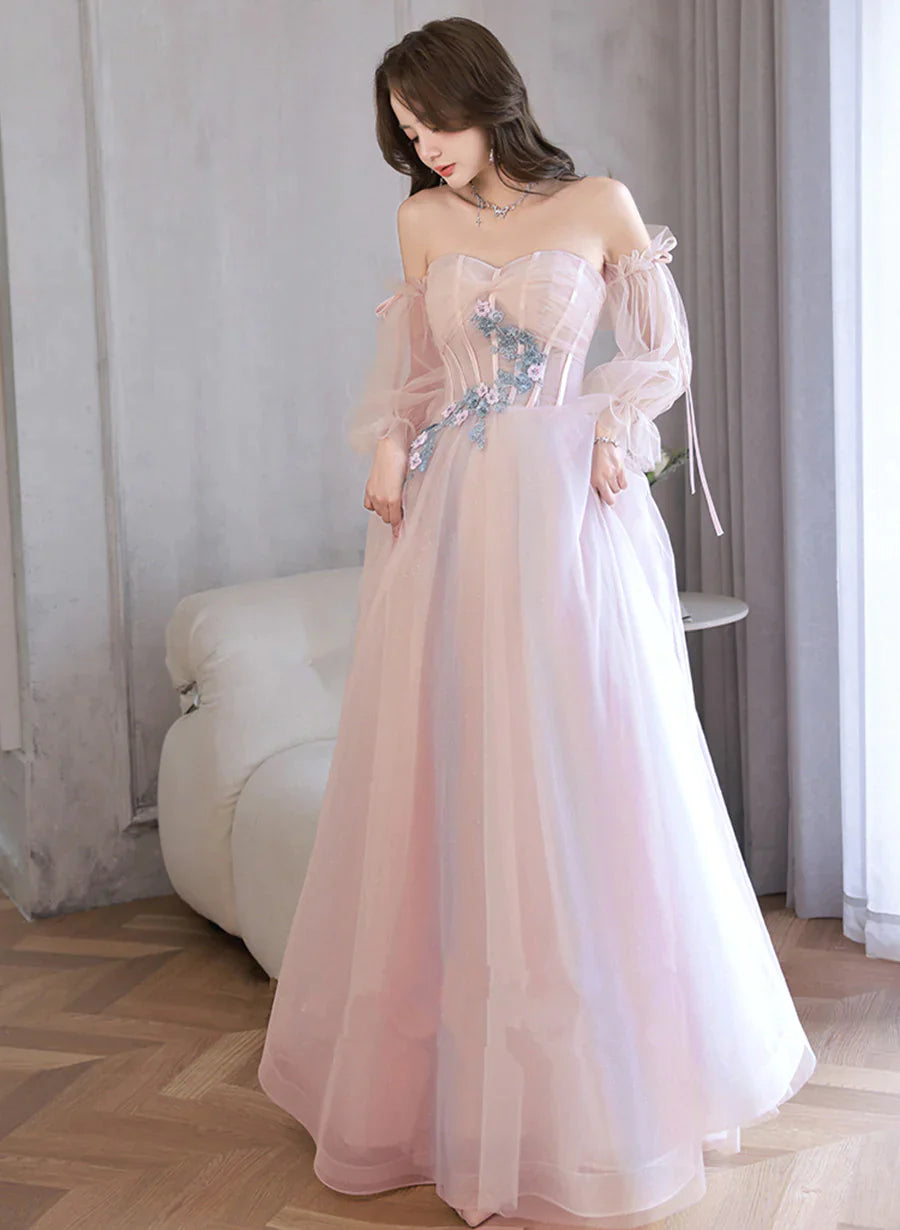 Light Pink Off Shoulder A-line Tulle Prom Dress with Lace, Pink Formal Dress Off-shoulder Tulle Dress