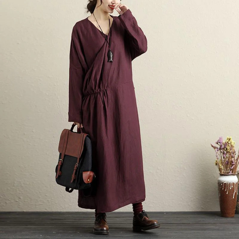 French cotton Long Shirts Pakistani V Neck Long Sleeves Dark Red Women Dress Button-up Shirt Dress