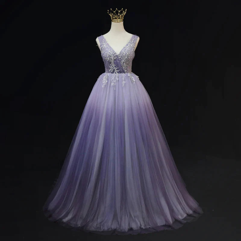 Light Purple Tulle Gradient Lace Applique Formal Dress, Beautiful Long Prom Dress Tulle Dress Glow