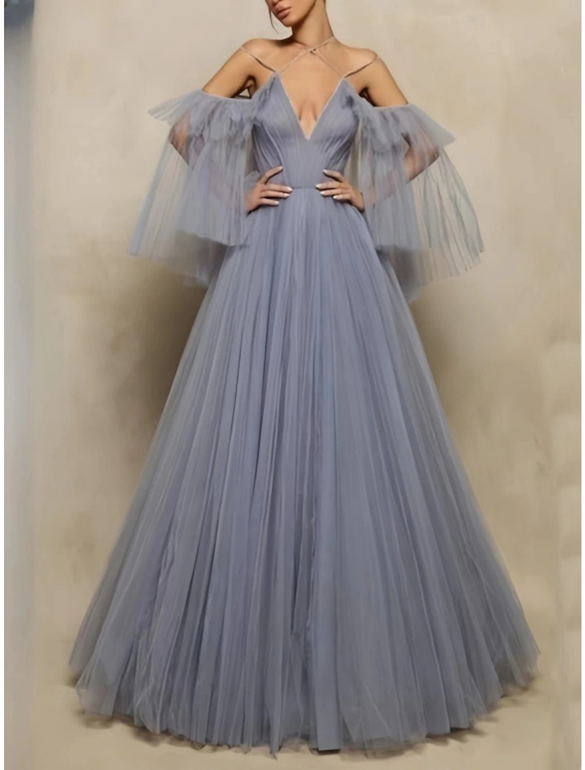 Ball Gown Evening Gown Elegant Dress Formal Fall Floor Length Half Sleeve Halter Neck Tulle with Pleats Ruffles Tulle Dress Simple