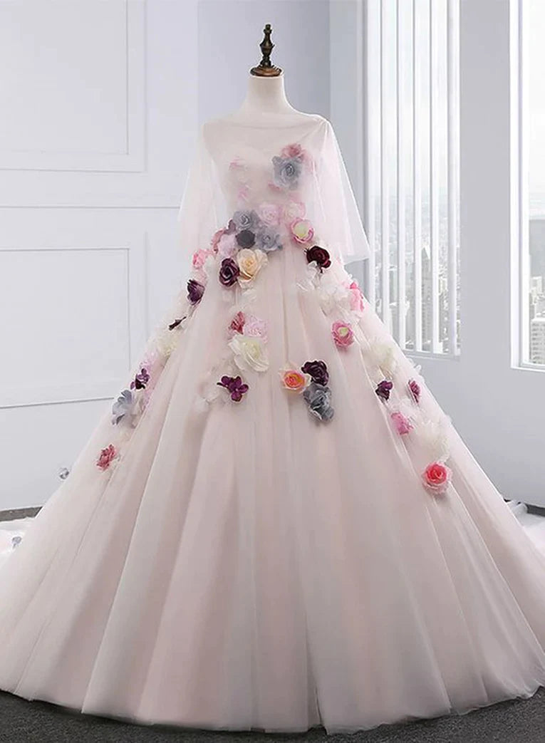 Light Pink Tulle Ball Gown Formal Dress with Flowers, Pink Sweet 16 Gown Long Sleeve Tulle