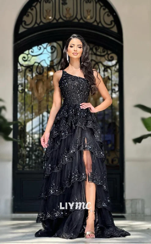 LP981 - A Line One Shoulder Sequins Appliques Black Long Formal Prom Dress with Slit Modern Sequin Gown